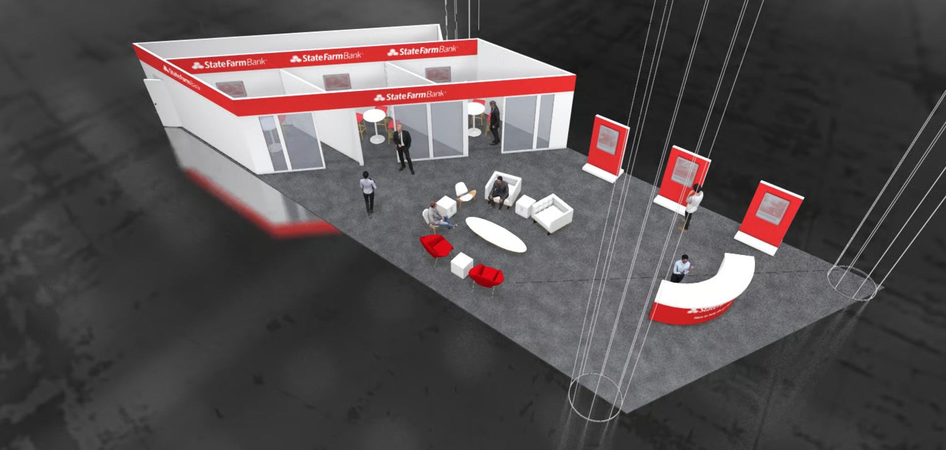 Overhead render of the dealership plan: sales offices, lounge, poster illusions and the reception desk