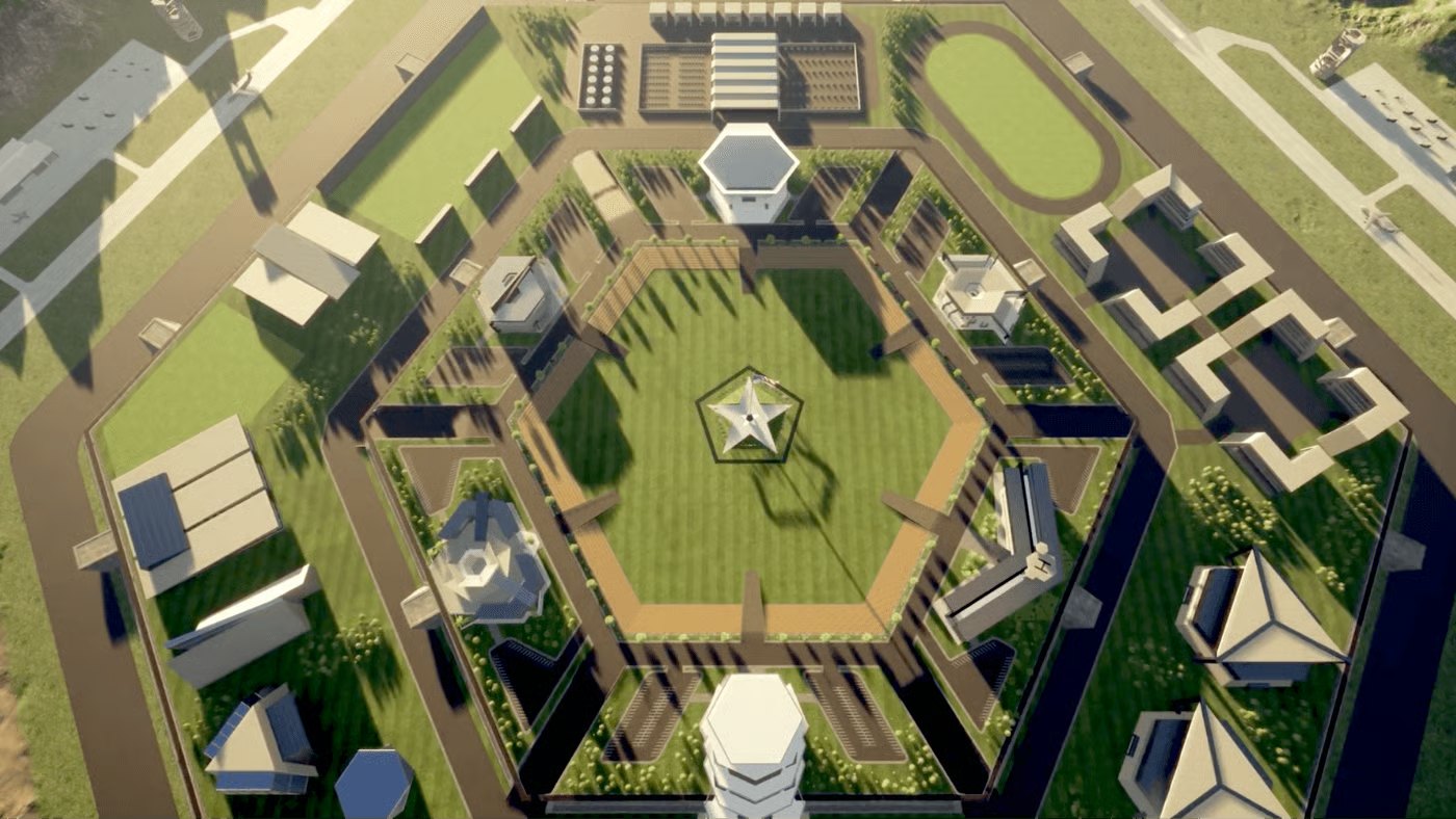Aerial of Fort Futures: the hexagonal base around the star