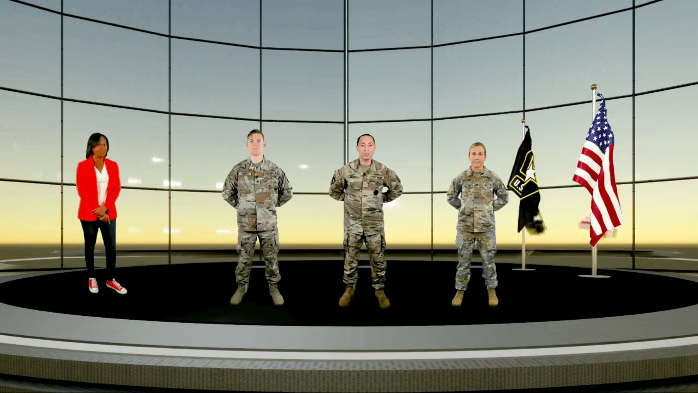 The virtual stage: host and three soldiers composited live
